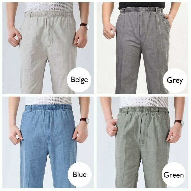 Herren Leinen Atmungsaktiv Gerades Bein Elastischer Bund Hose Lang Hose