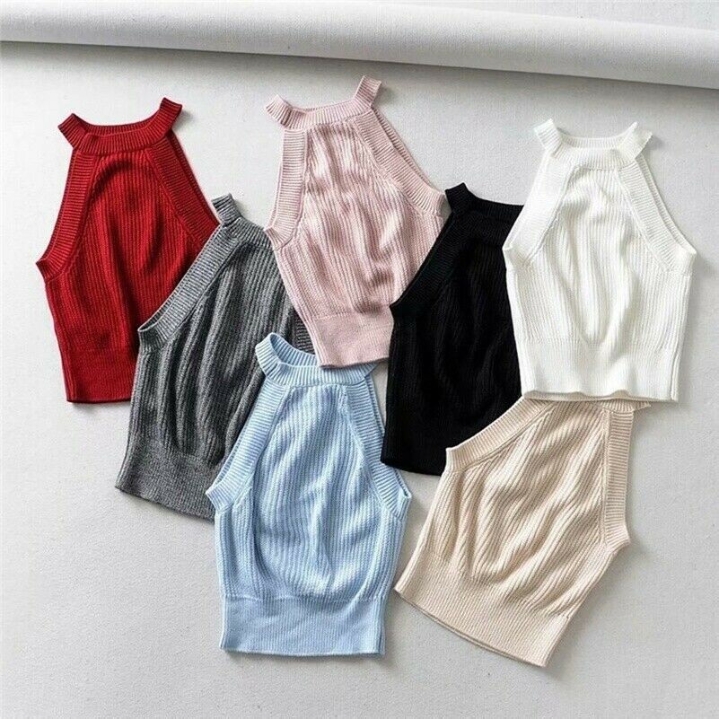 Women Lady Halter Neck Cami Vest Crop Top Elastic Knit Party Club Sweater