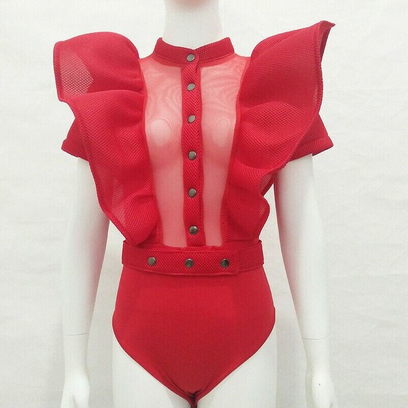 Lady Ruffle Sheer Net Bodysuit Romper Mesh Short Sleeve Gothic Leotard Swimmsuit