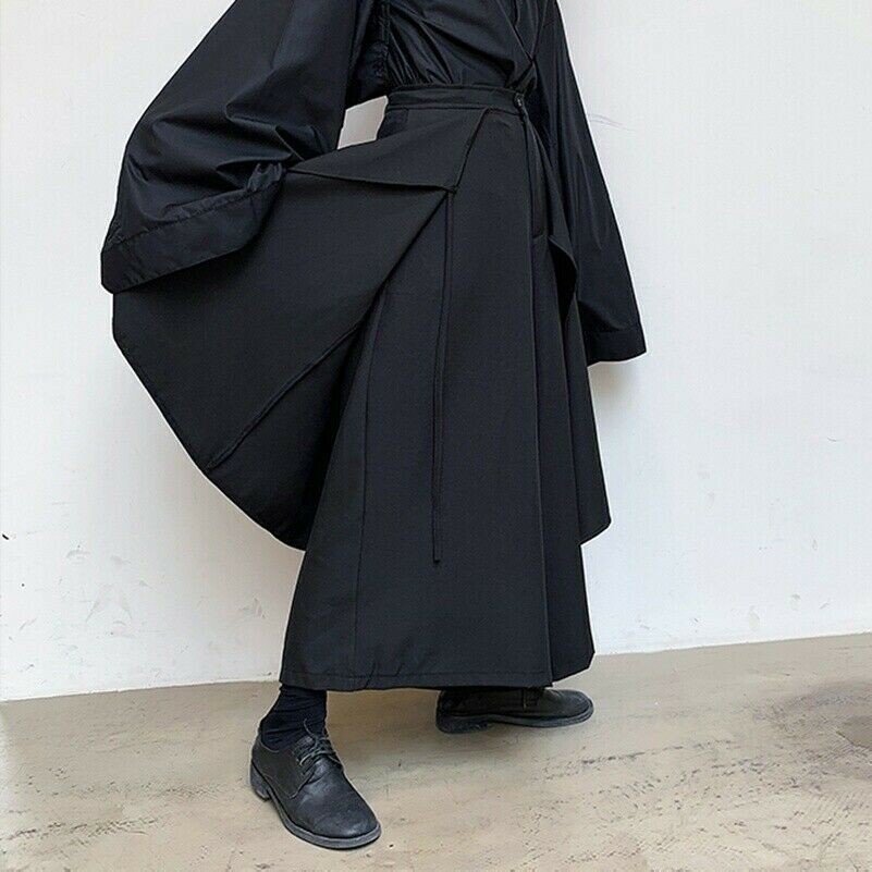 Men Loose Trousers Pants Asymmetric Pantskirt Culotte Wide Leg Black Gothic