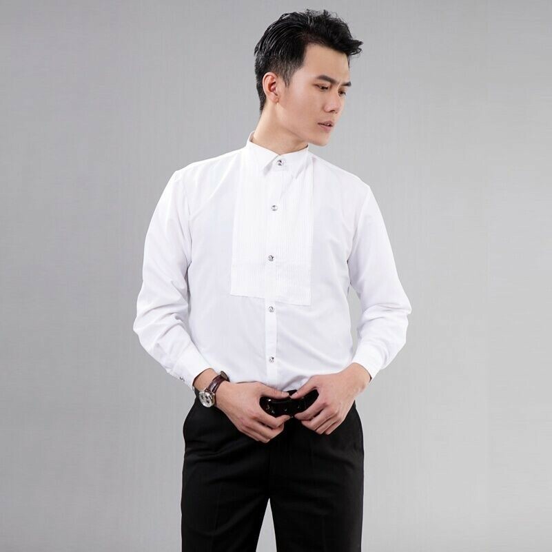 Men Gents White Wing Collar Pleated Front Evening Classic Shirt Party Formal Top