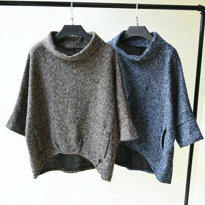 Damen Pullover Sweatshirt Flügelärmel Kapuze Poncho Kapuze Halb Rollkragen