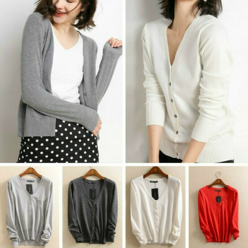 Damen Knopf Gerippt Strickjacke Solid V Auschnitt Pullover Mantel Lang Arm Weich