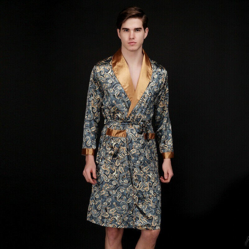 Herren Kimono Bademantel Schlafanzüge Nachtwäsche Kleid Kunstseide Satin Paisley