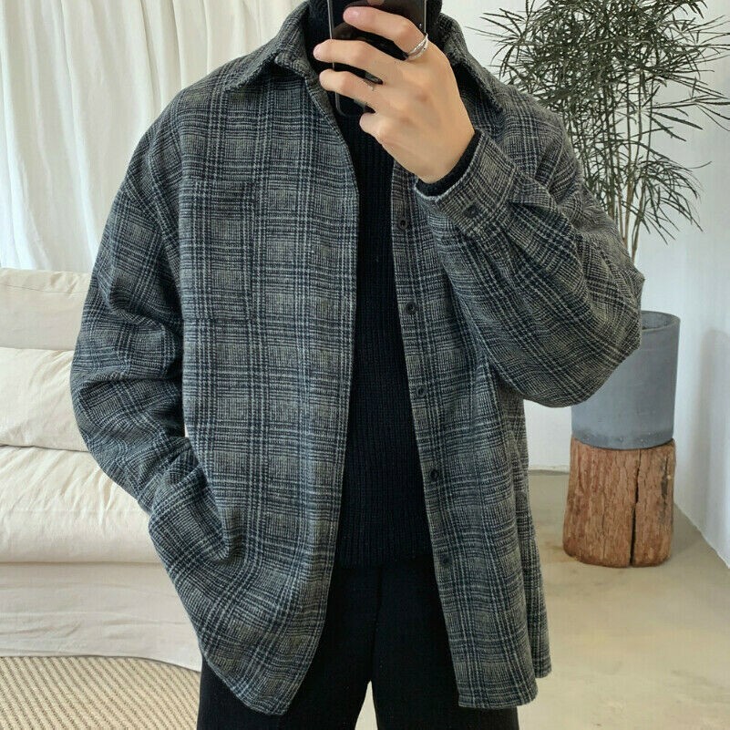 Men Retro Shirt Casual Button Down Blouse Plaid Check Jacket Top Loose M-5XL