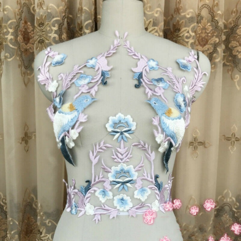 Bird Floral Embroidered Lace Applique Trimmings Patch Sewing Bridal Dress Decor