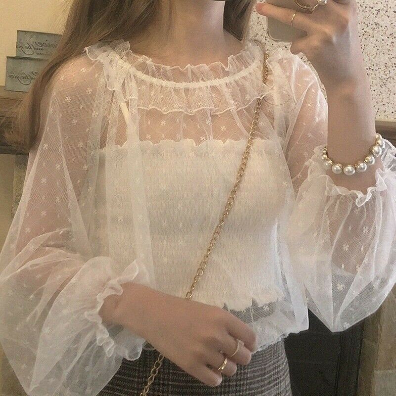Women Mesh Sheer Blouse Top Shirt Transparent Lace Puff Sleeve Net See Through