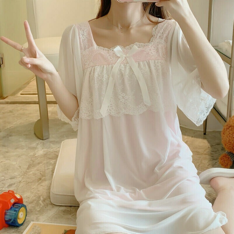 Damen Sommer Netz Spitze Nachthemd Nacht Kleid Nachtwäsche Kurzärmlig Prinzessin