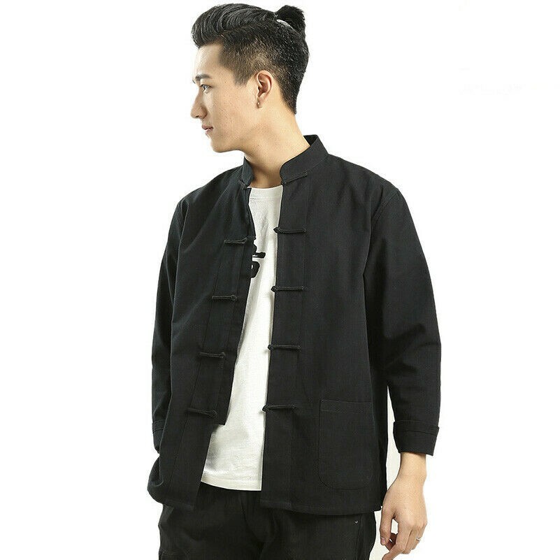 Herren Baumwollhemd Jacke Mantel Ethnisch Chinesisch Kung Fu Frosch Knöpfe Retro