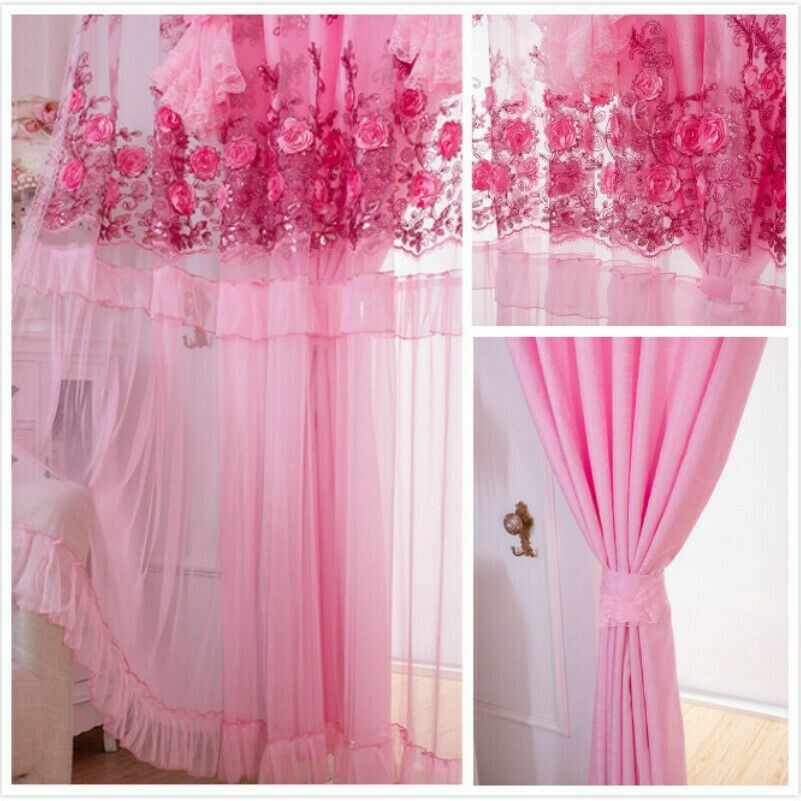 1 PC Blackout Princess Curtains Double-Layer for Living Room Floral Tulle Drape