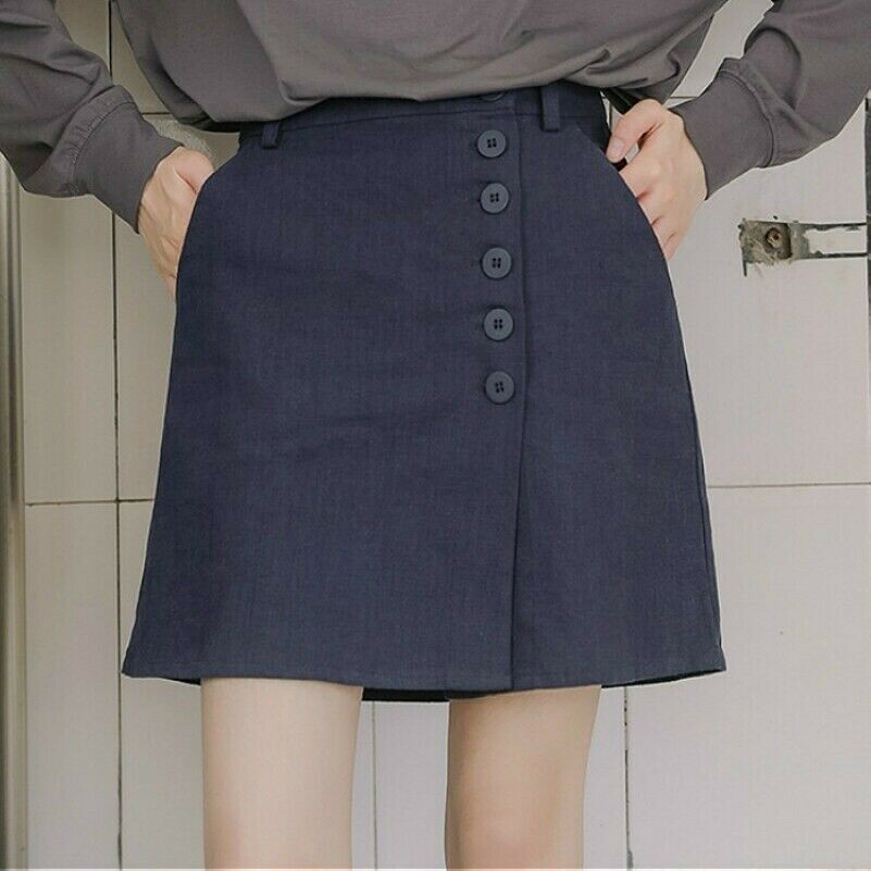 Damen Baumwolle Leinen Rock Minikleid A-Linie Hohe Taille Retro Preppy Sommer