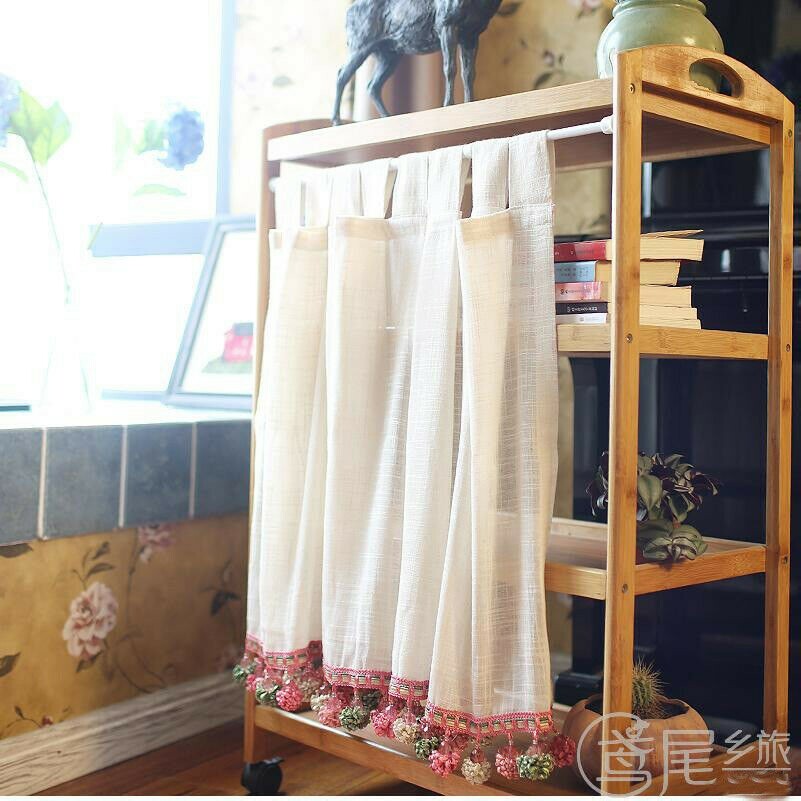 1X Half Curtain Linen Kitchen Cabinet Valance Panel Lace Pom Edge Chic Retro