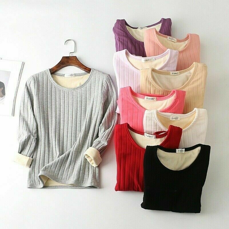 Damen Vlies T-Shirt Bluse Gestreift Top Pullover Dick Warm Stretch Winter