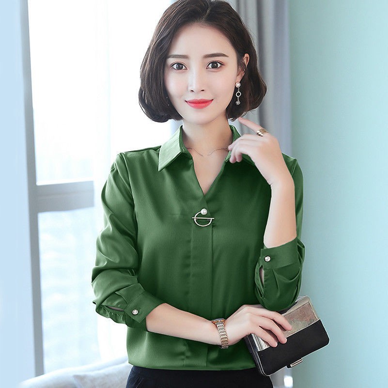 Women Satin Faux Silk Shirt Top Blouse Long Sleeve V Neck Formal Shiny Elegant