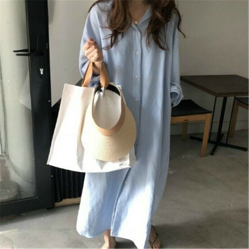 Damen Locker Lang Hemd BLUSE Kleid Vintage Freizeit Baumwolle Überdimensional