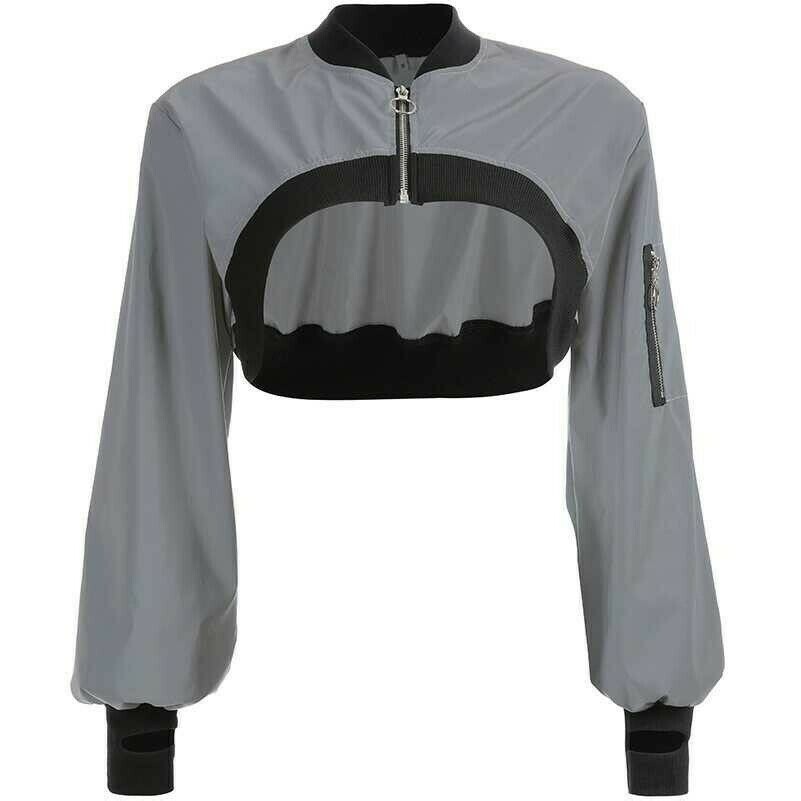 Women Reflective Crop Top Jacket Hip-hop Loose Casual Long Sleeves Zipper Club