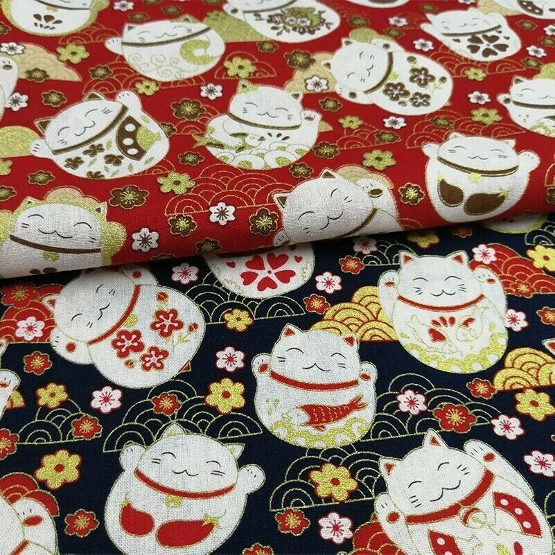 Japanisch Orientell Stoff Baumwolle Maneki Neko Lucky Fortune Katze Feng Shui