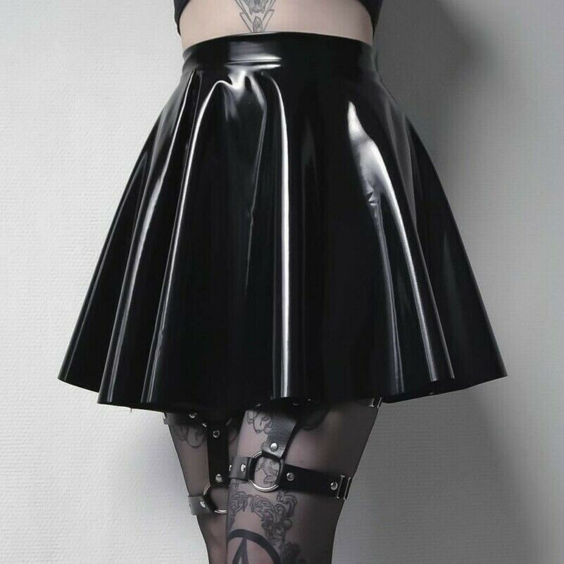 Punk Gothic Women Skirt Faux Leather Pleated Mini Shiny Black PU Sexy black