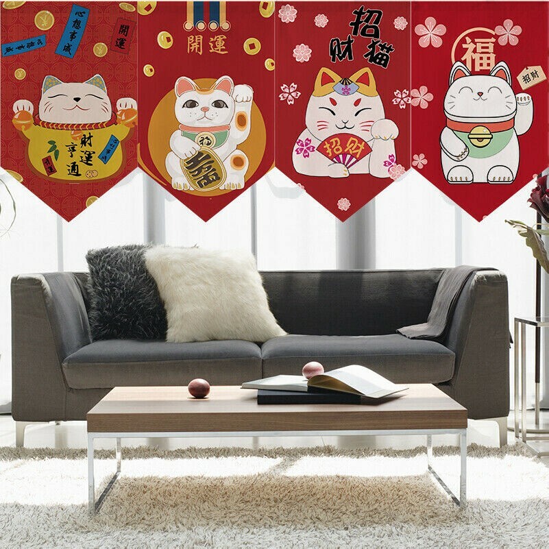 Giapponese Triangolo Noren Tendine Lucky Cat Divisorio Mantovana Casa Rétro Tela