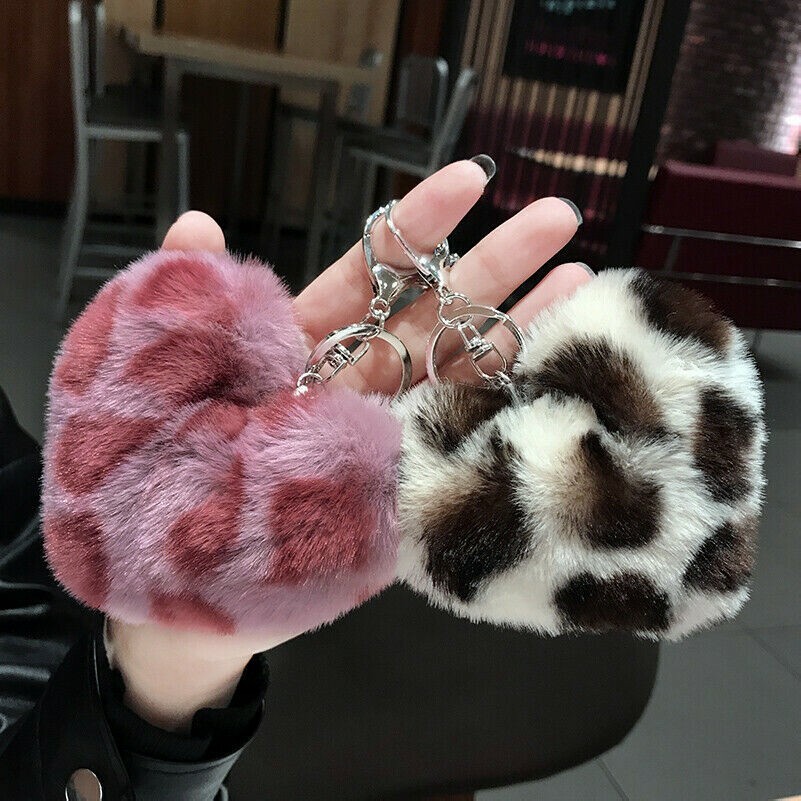 Pom Schlüsselanhänger Leopardenmuster Flauschig Kunstpelz Herz Süß Geschenk