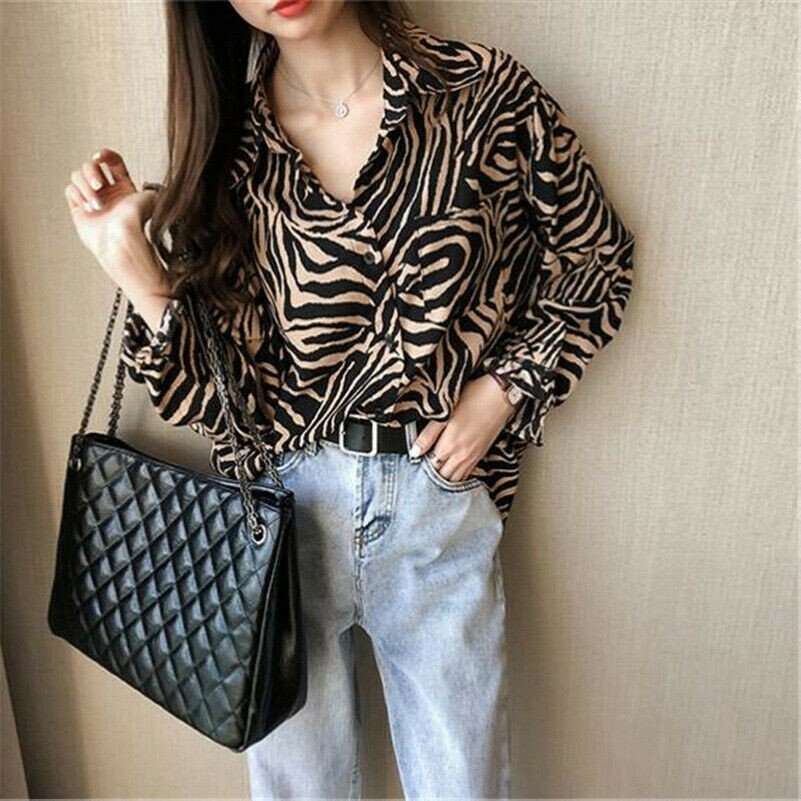 Donna Chiffon Camicia Camicetta Leopardato Donna Top Casual Manica Lunga Larga