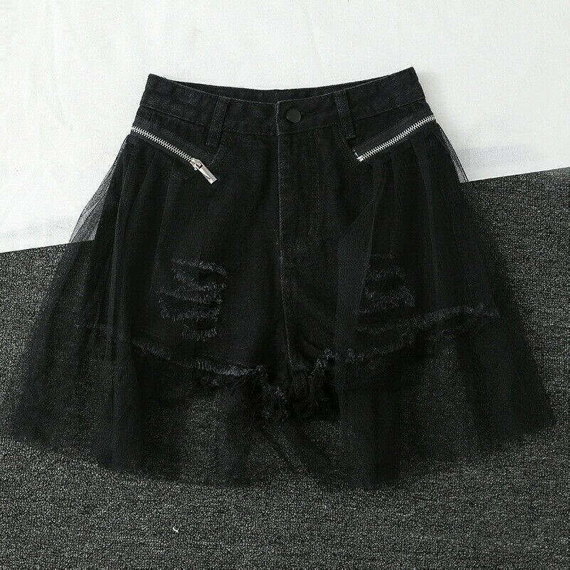 Damen Denim Shorts Hot Pants Distressed Mini Jeans Abnehmbare Netz Tüll