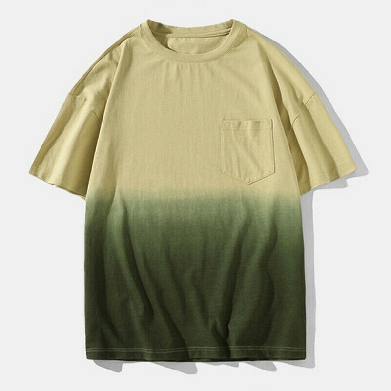 Mens Short Sleeve Gradient Drop Shoulder T-shirt Pocket Top Tee Shirt Loose