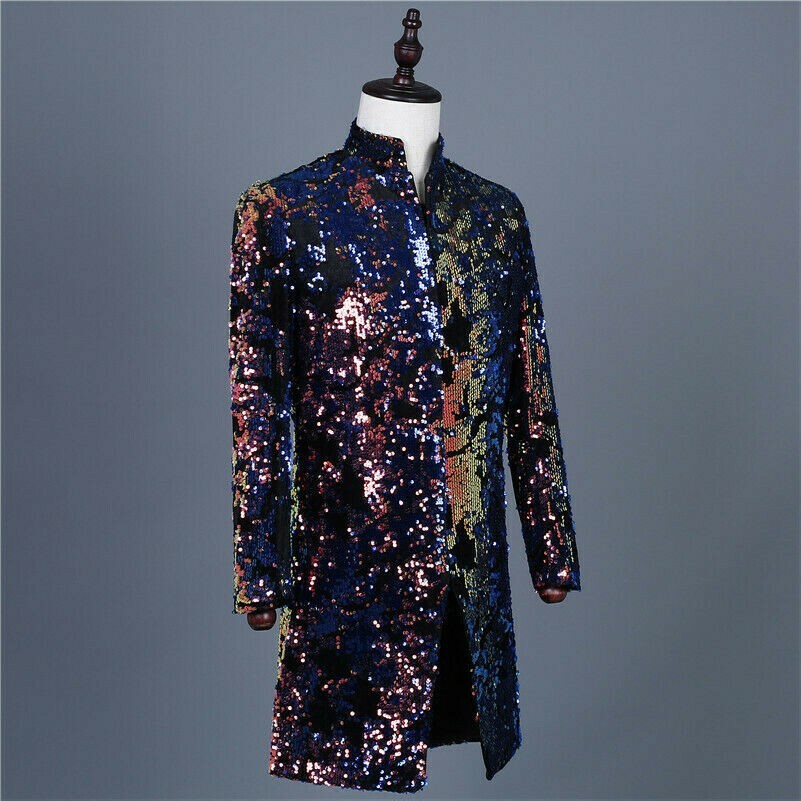 Mens Sequin Longline Jacket Cabaret Carnival Fancy Dress Showman Costume