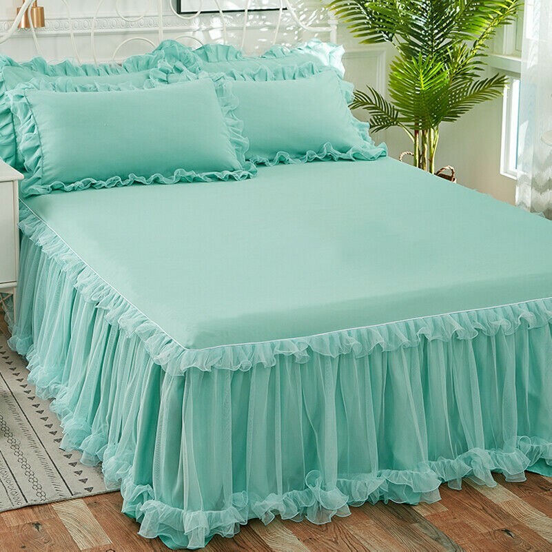 3PCS Couvre-Lit Set Taie D'Oreiller Dentelle Ruffle Lit Jupe Housse Oreiller
