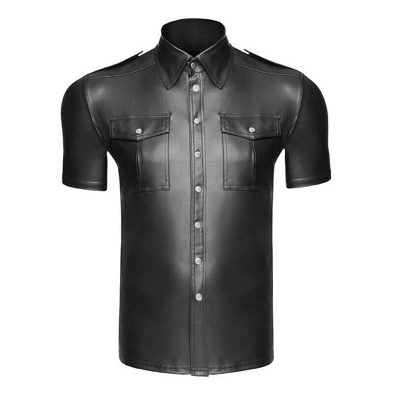 Mens Black Faux Leather PU Police Uniform Shirt Short Sleeve Top Tee Wet Look