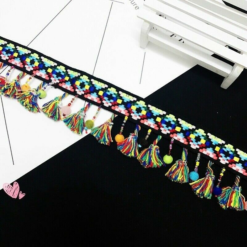 Ethnic Trimming Boho Bohemian Tassel Fringe Beaded Pom Edging DIY Sewing