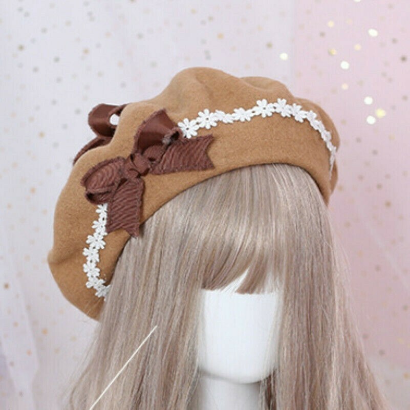 Femme Lolita Béret Casquette Peintre Chapeau Chaud Noeud Dentelle Bord Japonais