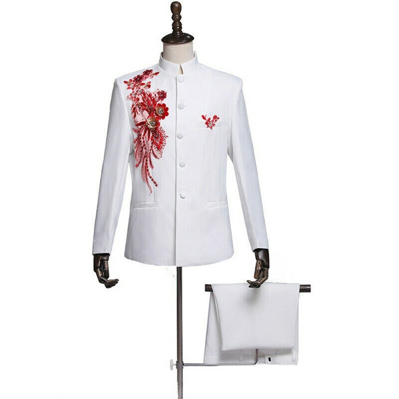 Hommes Brodé en Applique Veste de Costume Pantalon Scène Déguisement Col Mao