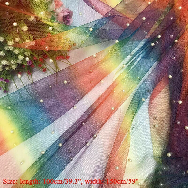 1 Meter Netz Durchsichtig Stoffe Gradient Regenbogen Perlen Kostüm Hochzeit DIY
