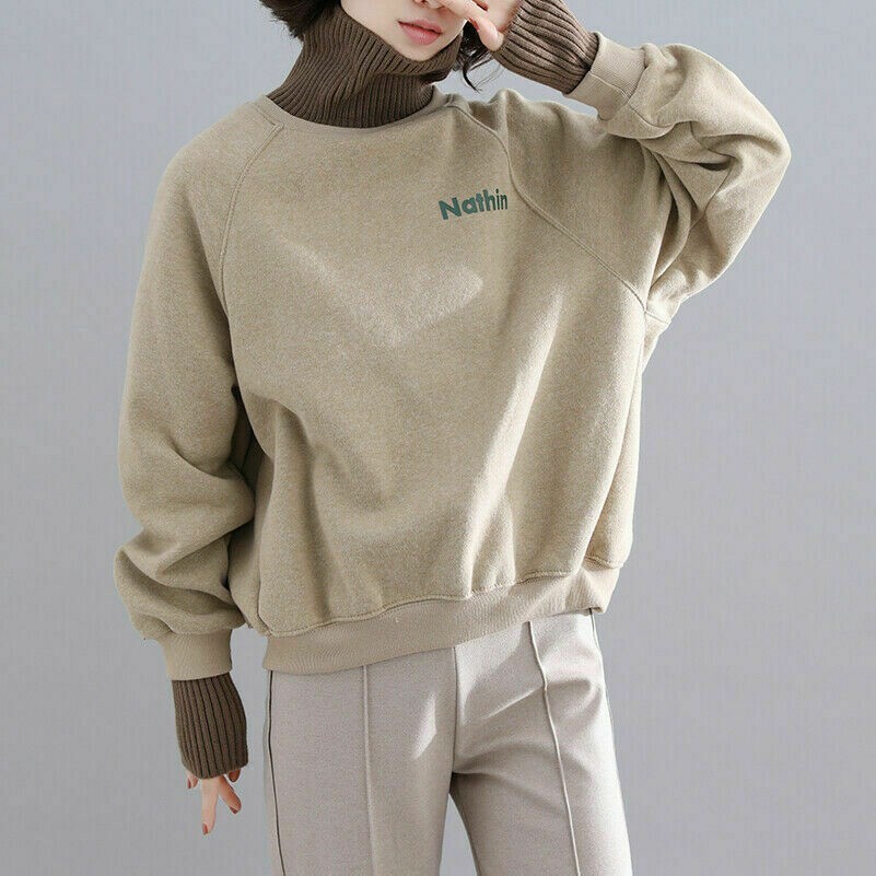 Felpa Con Inserti In Maglia Da Donna Fodera In Pile Larga Casual Manica Lunga