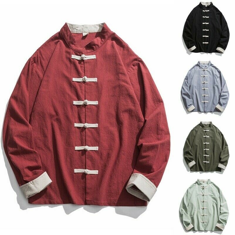Mens Frog Button Linen Shirt Tang Suit Chinese Kung Fu Vintage Loose Jacket SPW