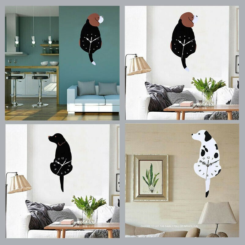 Silenzioso Pendolo Orologio Acrilico Oscillante Coda Muro Animale Cane Gatto A