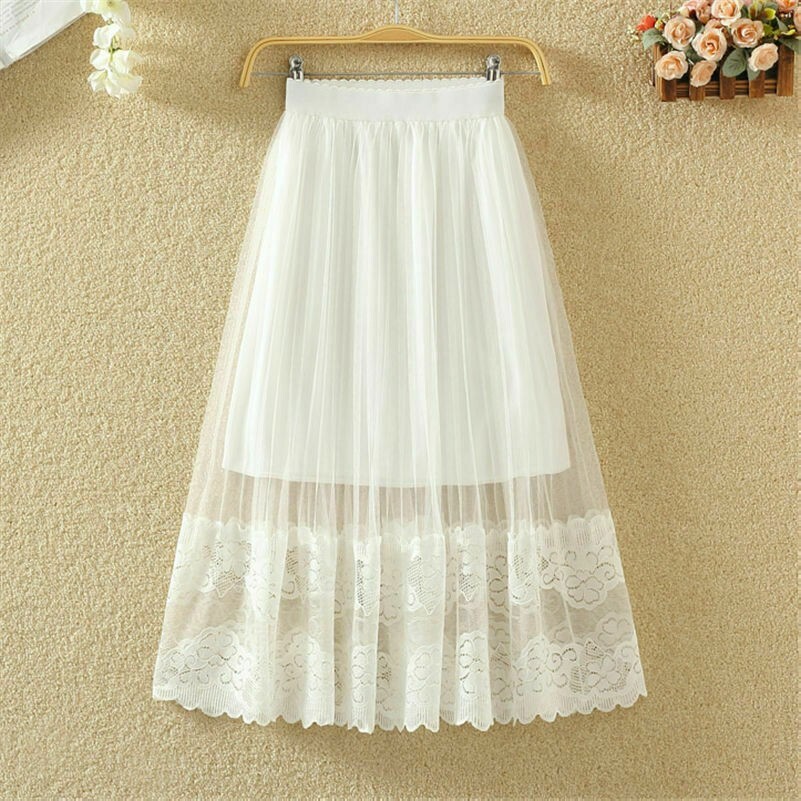 Lady Mesh Midi Skirt Floral Lace Tulle A Line High Waist Sweet Fairy Casual