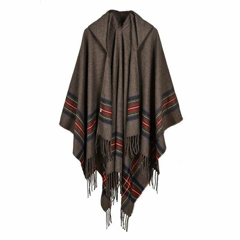 Mens Wool Blend Stripe Hooded Shawl Manteau Boho Gypsy Hippie Cape Poncho Hoody
