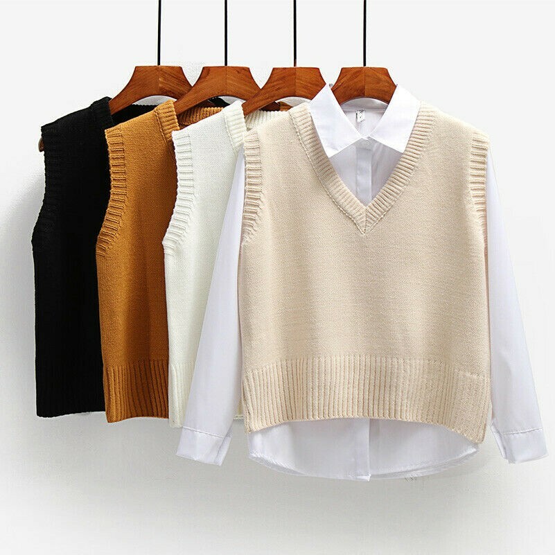 Women Casual Knitted Vest Waistcoat Pullovers Sleeveless V-neck Sweater New
