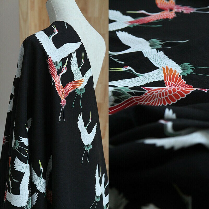 1M Crane Print Cotton Linen Fabric DIY Costume Kimono Dress Material Cloth Craft