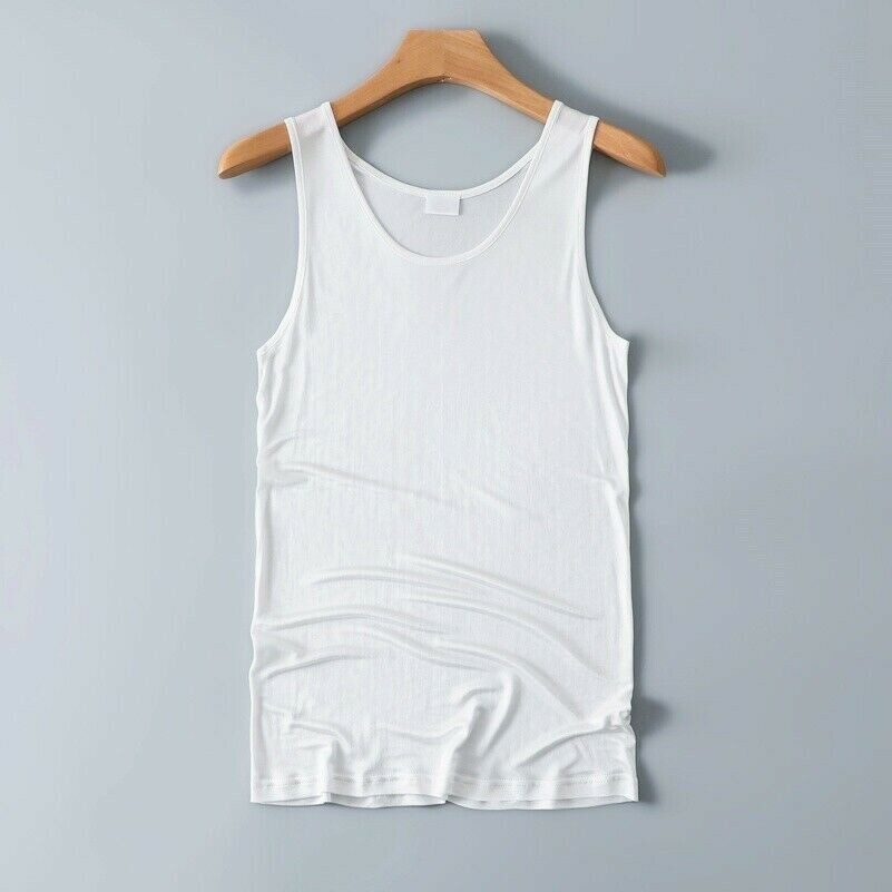 Men's Knitted Silk Vest Tank Top Basic T Shirt Sleeveless Gym Sports Stretch SPW