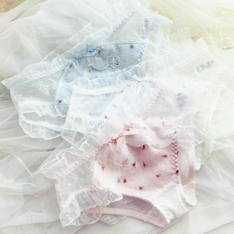 2Pcs Süß Unterwäsche Spitze Netz Höschen Rüschen Slip Höschen Unterwäsche Lolita