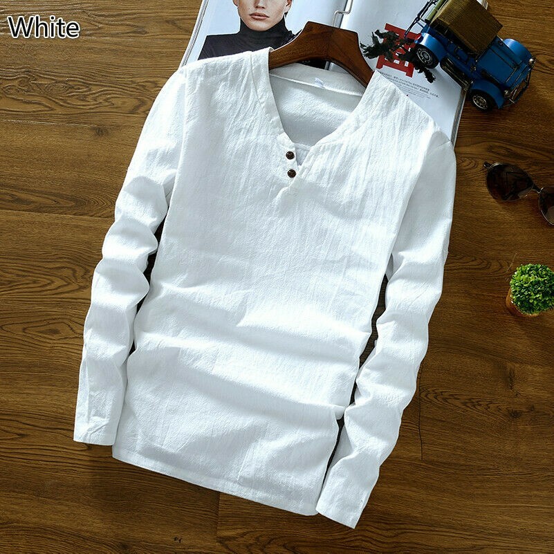 Summer Men Chinese Linen Retro Ethnic Top Blouse Shirt V Neck Slim Oversize Soft