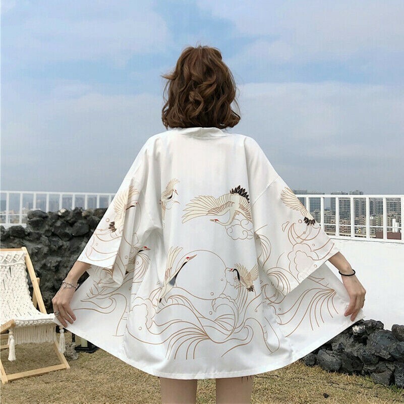 Damen Crane Japanische Kimono Mantel Locker Yukata Outwear Top Vintage Harajuku