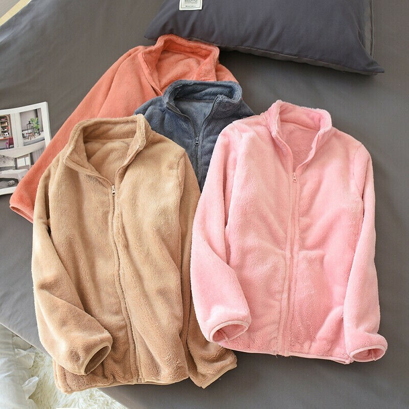 Damen Flanell Jacke Mantel Langärmlig Taschen Reißverschluss Solid Freizeit Warm