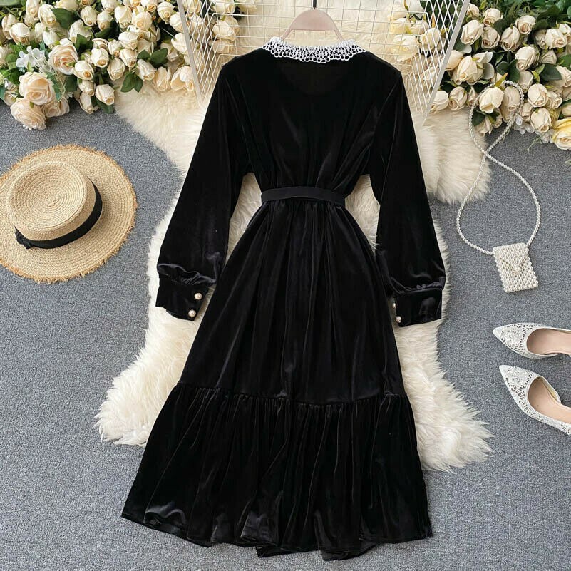 Abiti Midi A-Line In Velluto Con Maniche A Puff Eleganti Retro