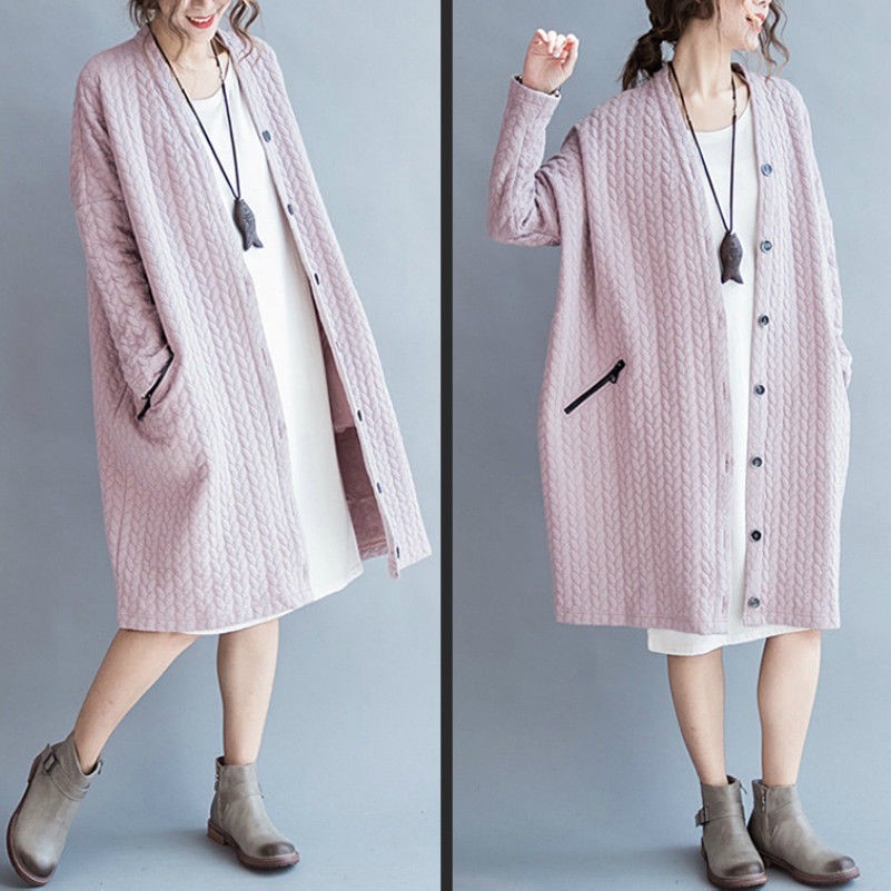 Locker Strickjacke langärmelig Mantel Herbst Winter mid-long Pink Damen