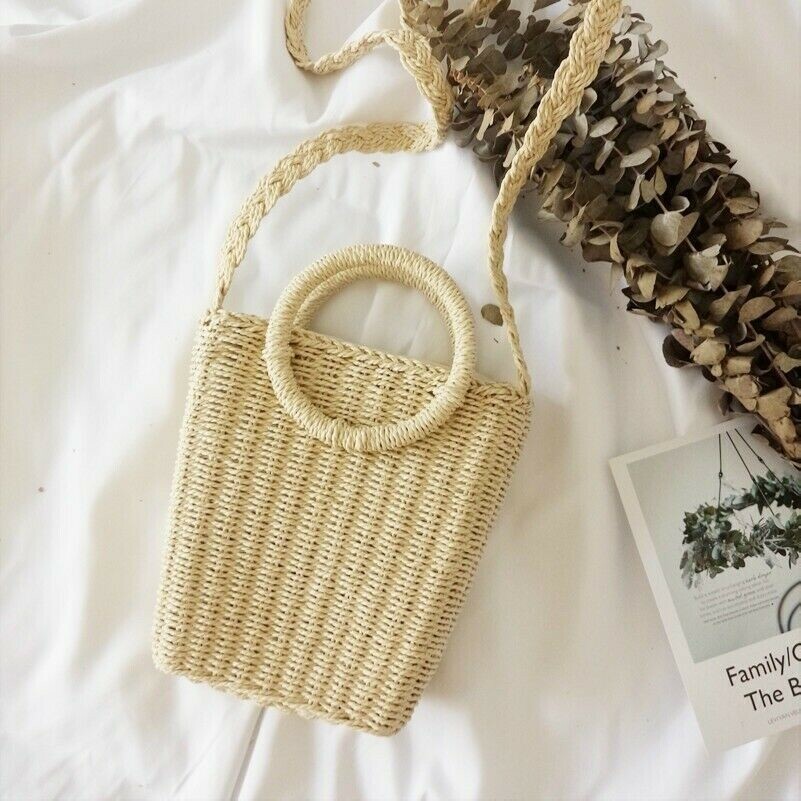 Donna a Tracolla Paglia Borsa Rattan Vimini Basket Uncinetto Spiaggia Estate