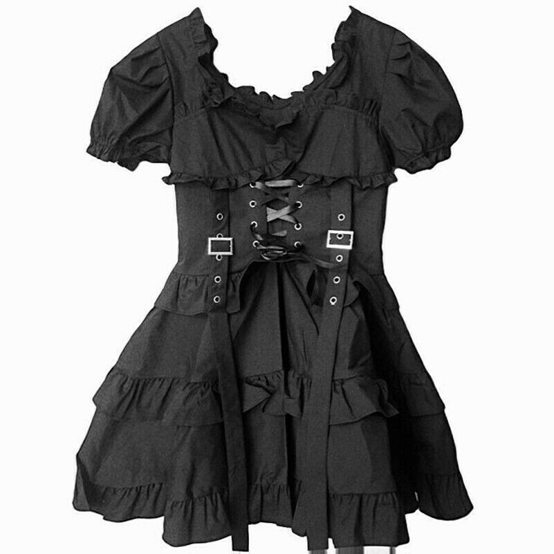 Abito Ruffle In Pizzo Alla Moda Femminile Gothic Punk Nero